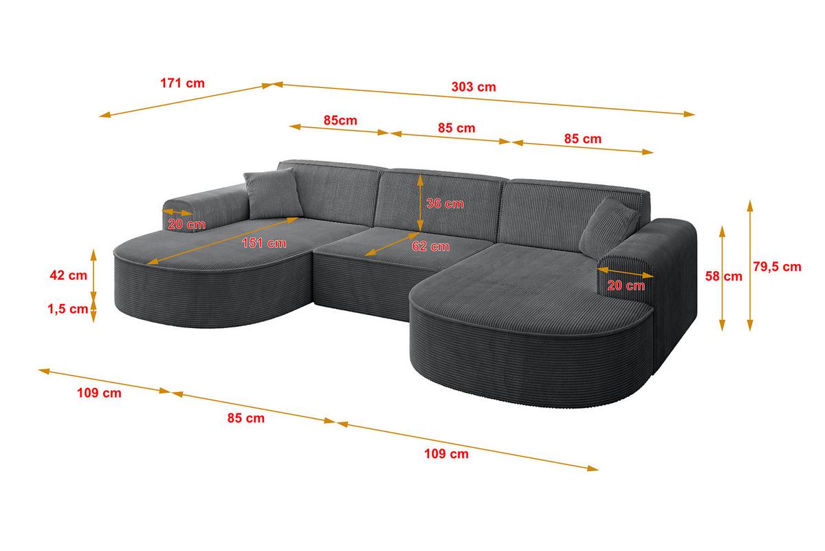 WOHNLANDSCHAFT MARI-U1 - 303x171x79 cm Dunkelgrau Cord - Dunkelgrau/Schwarz, Holzwerkstoff/Kunststoff (303/79/171cm) - ALTDECOR