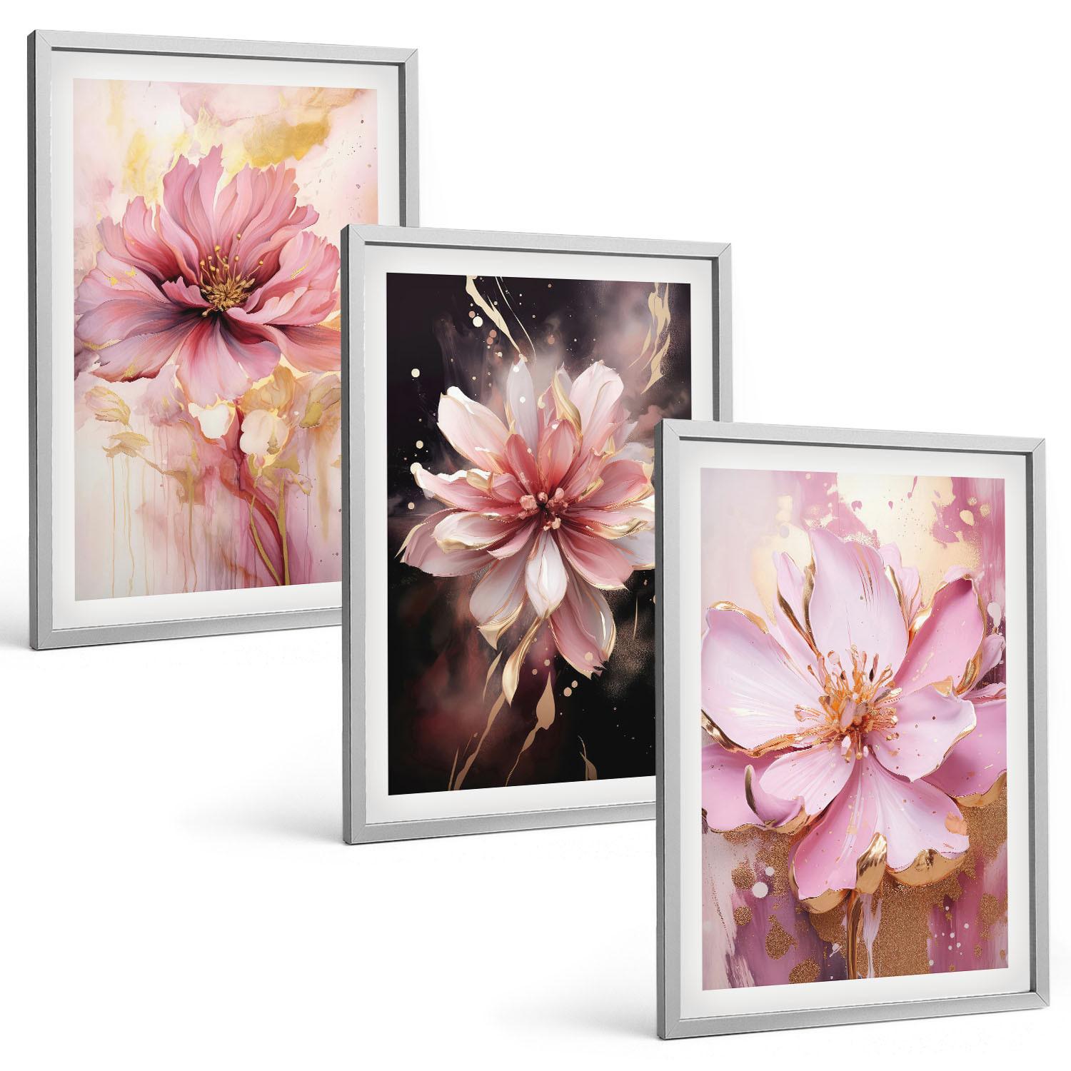 BILDER SET 3er Set - 40x60 cm Silberner Rahmen - Blumenkompositionen aus Rosen und Weiß - Silberfarben, Kunststoff (40/60cm) - TULUP
