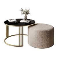 COUCHTISCH mit Hocker LORI Hochglanz gebürstetes Gold/Schwarz glänzend/Coral 50 - Schwarz, Metall (70/70/49cm) - Lookway