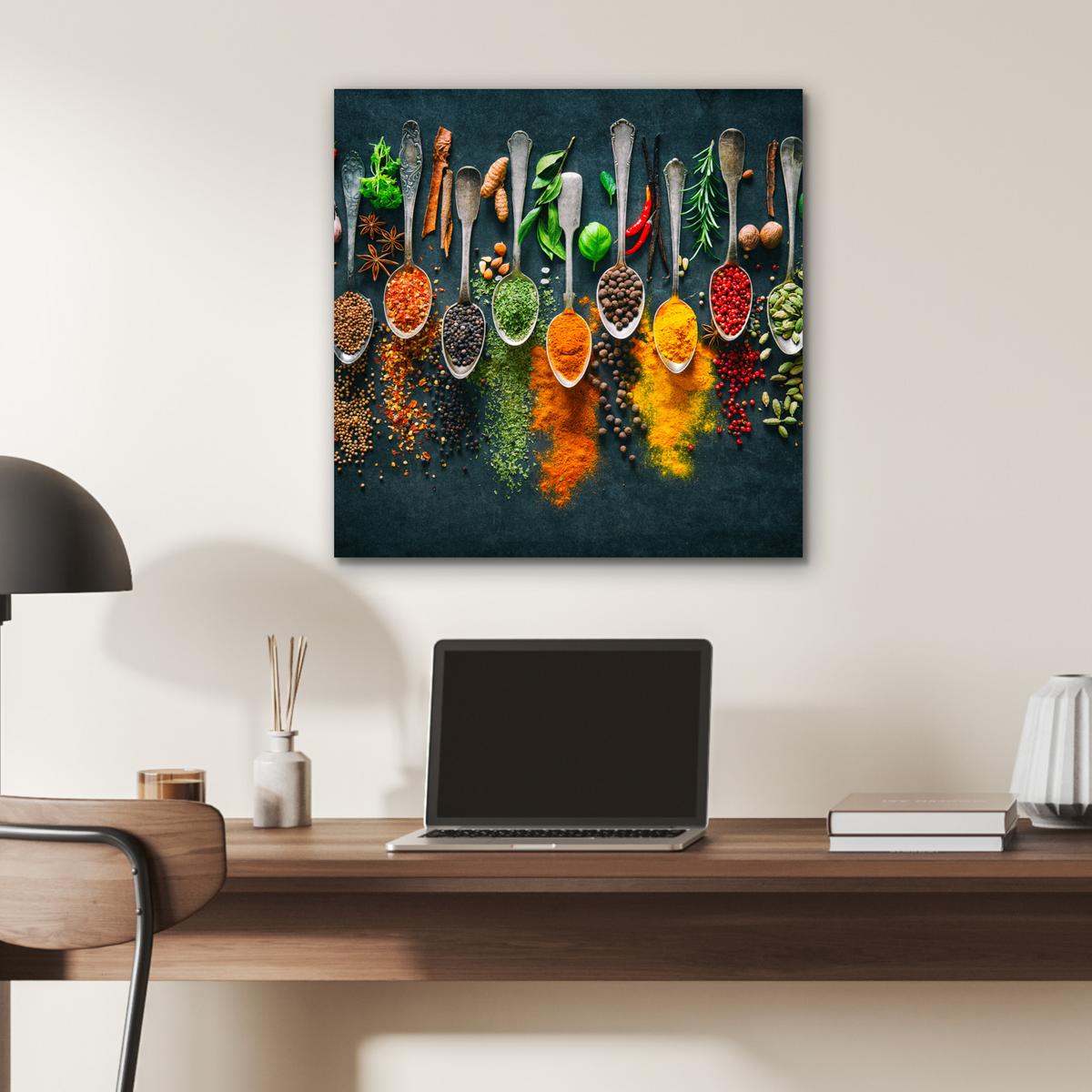 METALLBILD Kräuter - Gewürze - Löffel 50x50 cm - Currygelb, Metall (50/50cm) - MuchoWow
