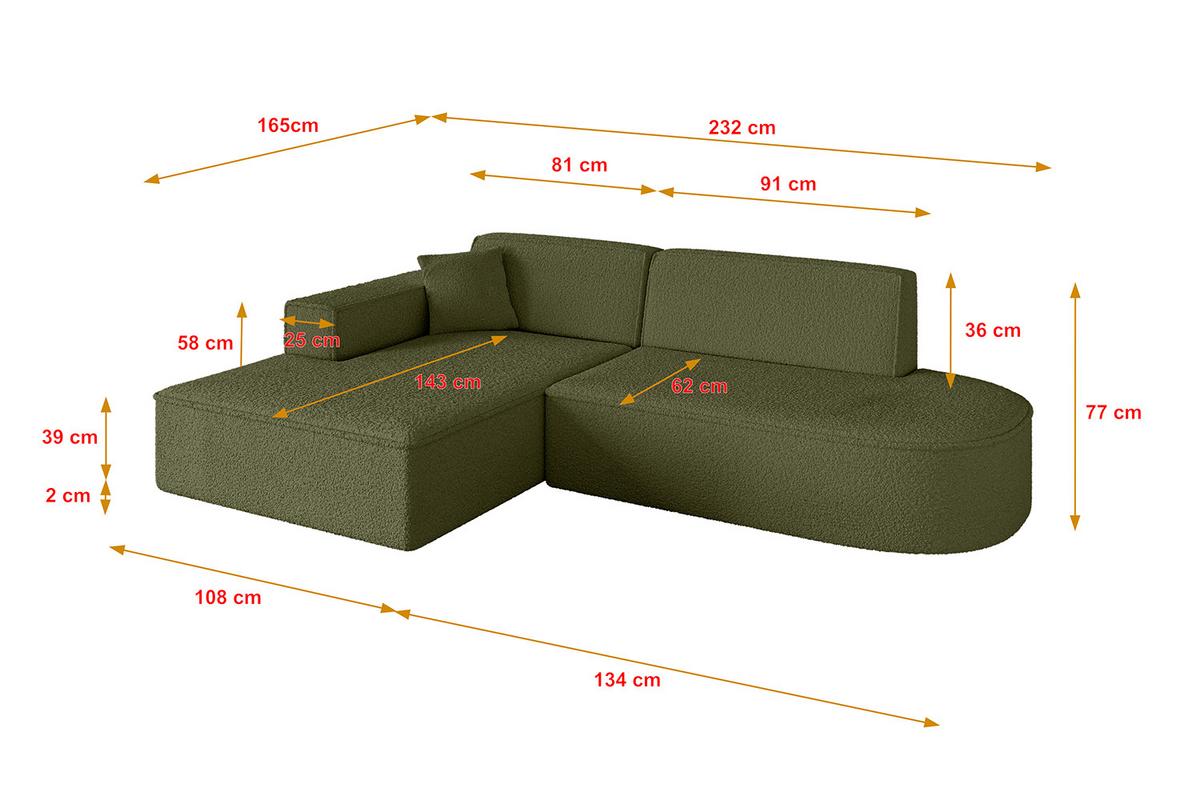 ECKSOFA Ottomane Links IREA-L1-v4 - 232x165x77 cm Grün - Platinfarben, Holzwerkstoff/Textil (232/165cm) - ALTDECOR