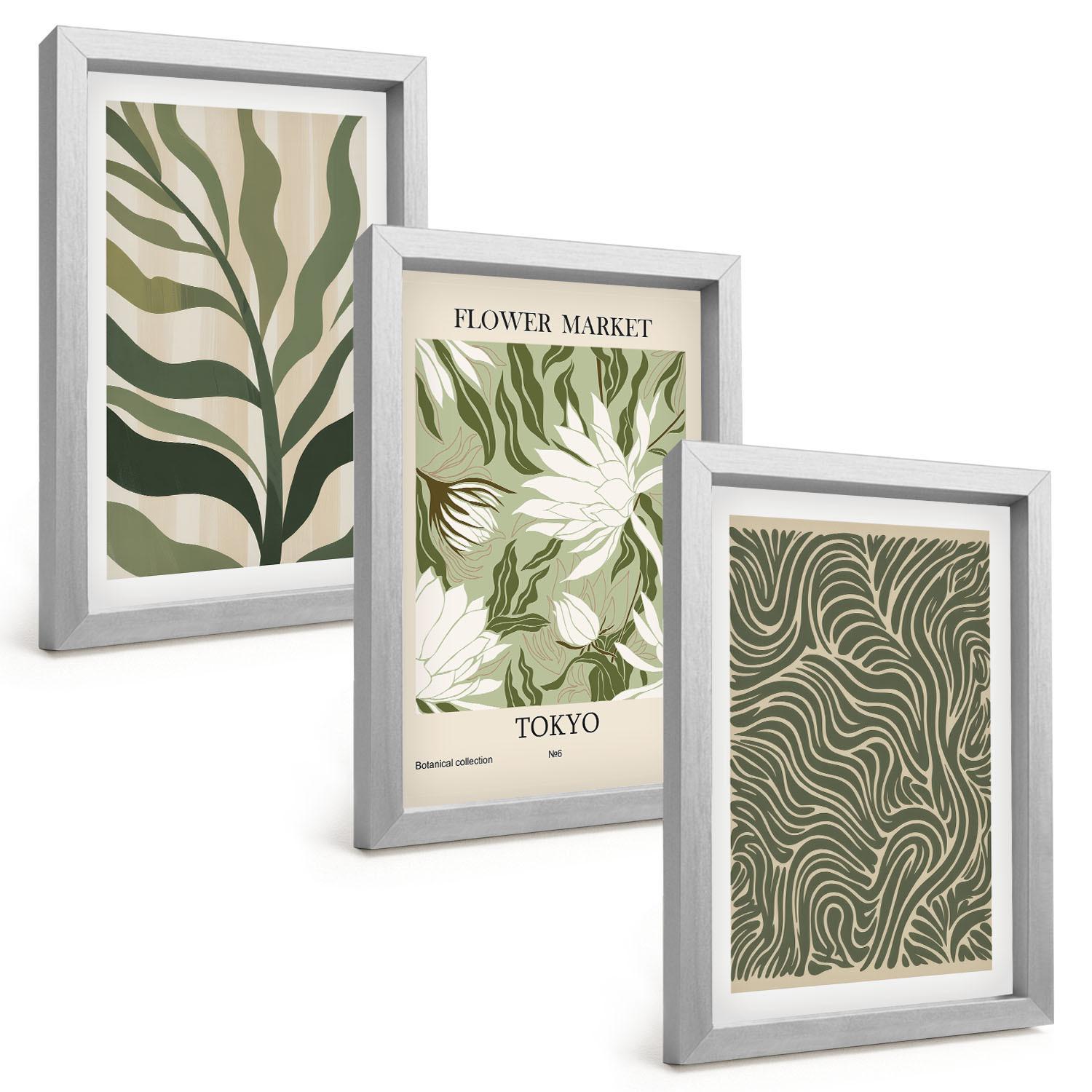 BILDER SET 3er Set - 20x30 cm Silberner Rahmen - Pflanzenmuster, Boho-Dekorationen - Silberfarben, Kunststoff (20/30cm) - TULUP