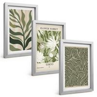 BILDER SET 3er Set - 20x30 cm Silberner Rahmen - Pflanzenmuster, Boho-Dekorationen - Silberfarben, Kunststoff (20/30cm) - TULUP