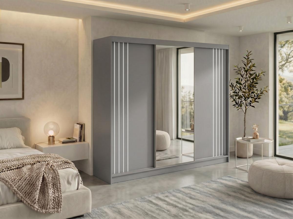 SCHWEBETÜRENSCHRANK mit Lamellen, Spiegel und Schubladen DIANA - 240 - Grau und Weiß - Alufarben/Weiß, Holzwerkstoff/Metall (240/216/61cm) - MKS