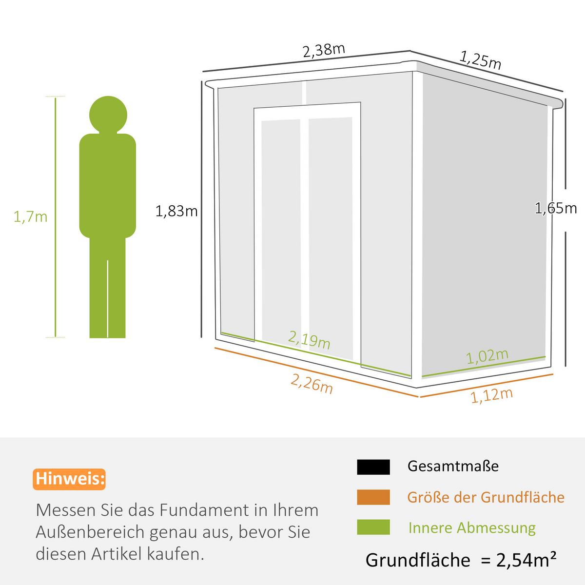 GERÄTEHAUS 2,54m², Wasserdicht Gartenhaus mit Pultdach, 238 x 125 x 183/165 cm - Grau, Kunststoff (125/183/238cm) - Outsunny