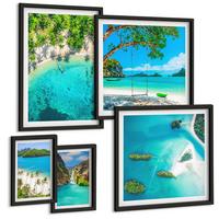 BILDER SET 5er Set - 50x50 cm & 20x30 cm & 40x60 cm Schwarzer Rahmen - Strände, Palmen, kristallklares Wasser - Schwarz, Kunststoff (40/60cm) - TULUP