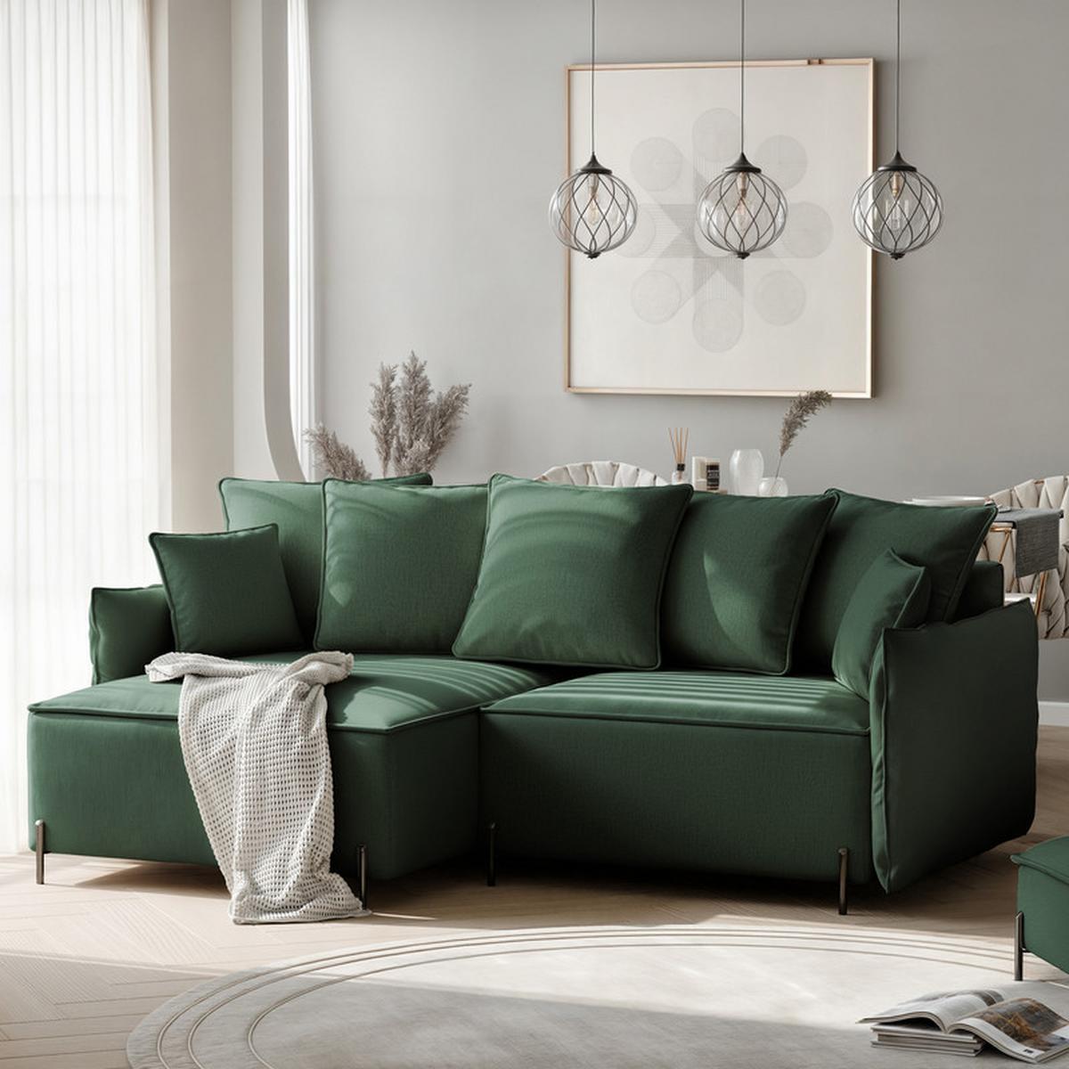 ECKSOFA MARCO Links, mit Schlaffunktion und Bettkasten, Grün - Grün, Textil/Metall (221/148cm) - Idohome