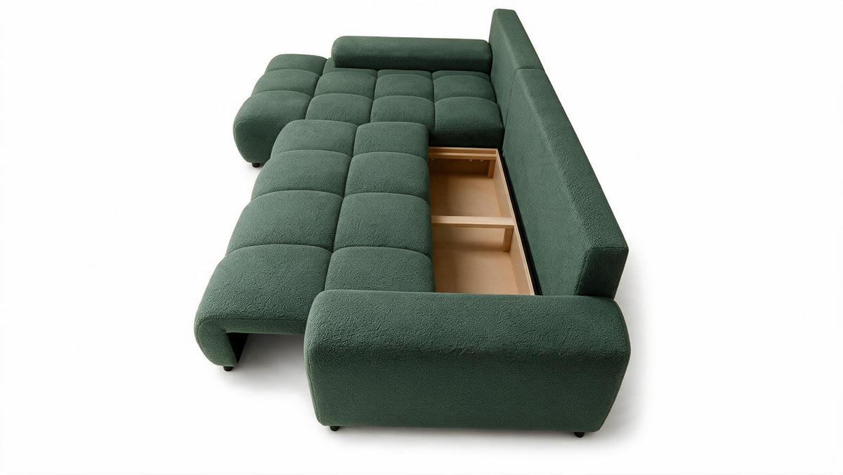 ECKSOFA Ovia mit Bettkasten und Schlaffunktion, Bouclé-Stoff in L-Form - Grün, Textil (270/185cm)