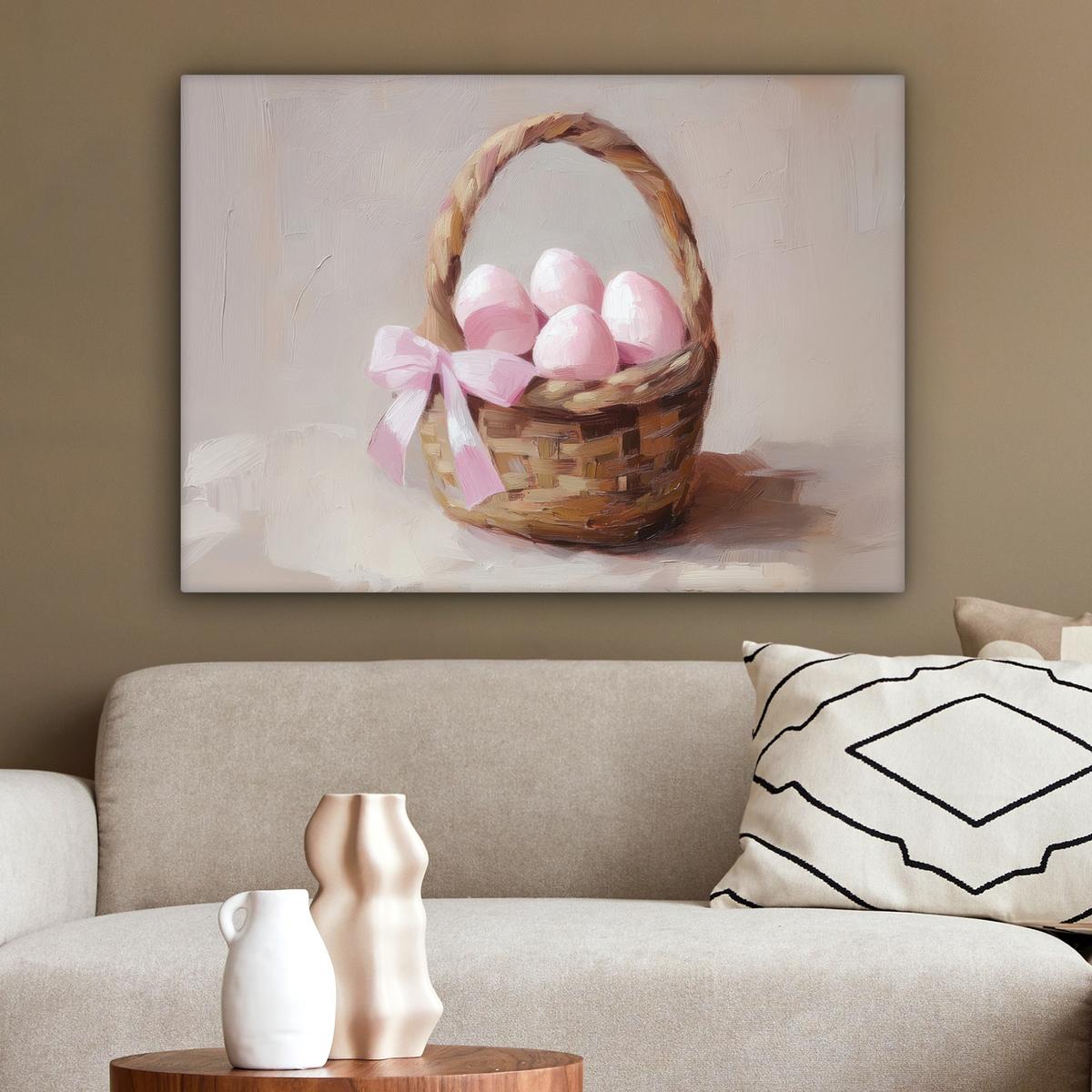 LEINWANDBILD Korb - Eier - Rosa Wandbilder 80x60 cm - Beige, Textil (80/60cm) - MuchoWow