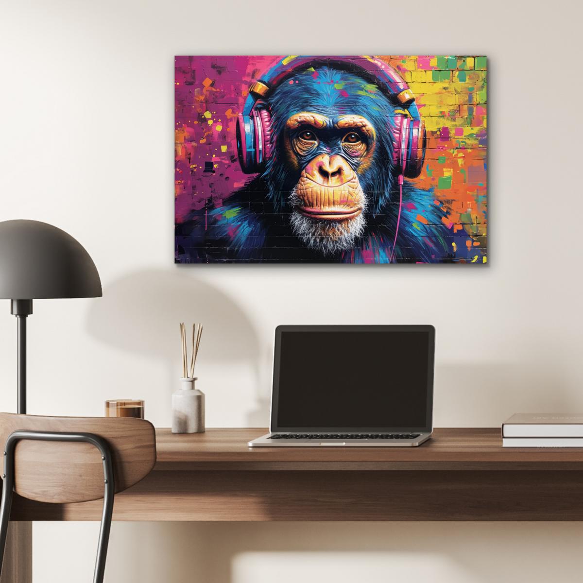 METALLBILD Graffiti - Schimpanse - Straßenkunst - Kopfhörer - Affe Wandbild 60x40 cm - Blau, Metall (60/40cm) - MuchoWow
