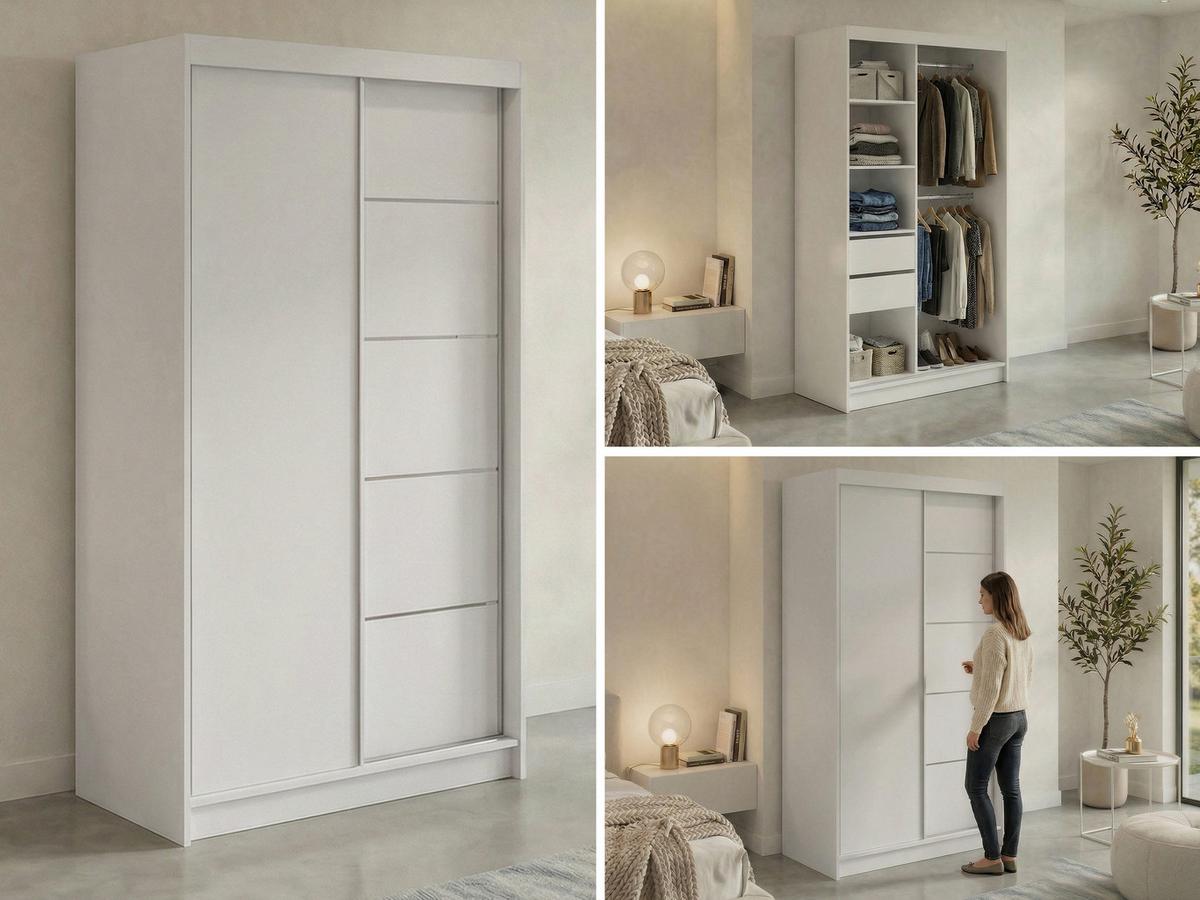 SCHWEBETÜRENSCHRANK mit Schubladen 120 - MACEDONIA - Weiß - Alufarben/Weiß, Holzwerkstoff/Metall (120/216/61cm) - MKS