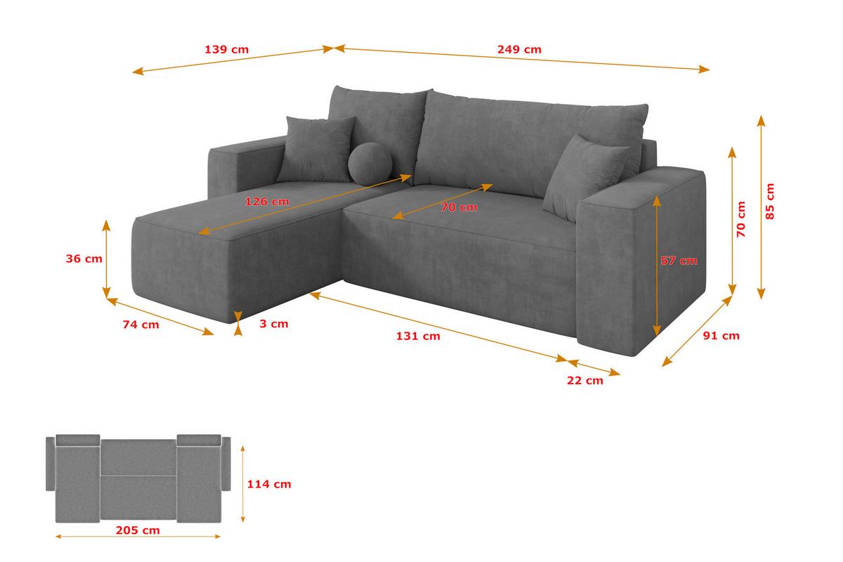 ECKSOFA mit Schlaffunktion Ottomane Links SENO-L 249x139x85 Grau Velours - Taupe/Schwarz, Holzwerkstoff/Kunststoff (249/139cm) - ALTDECOR