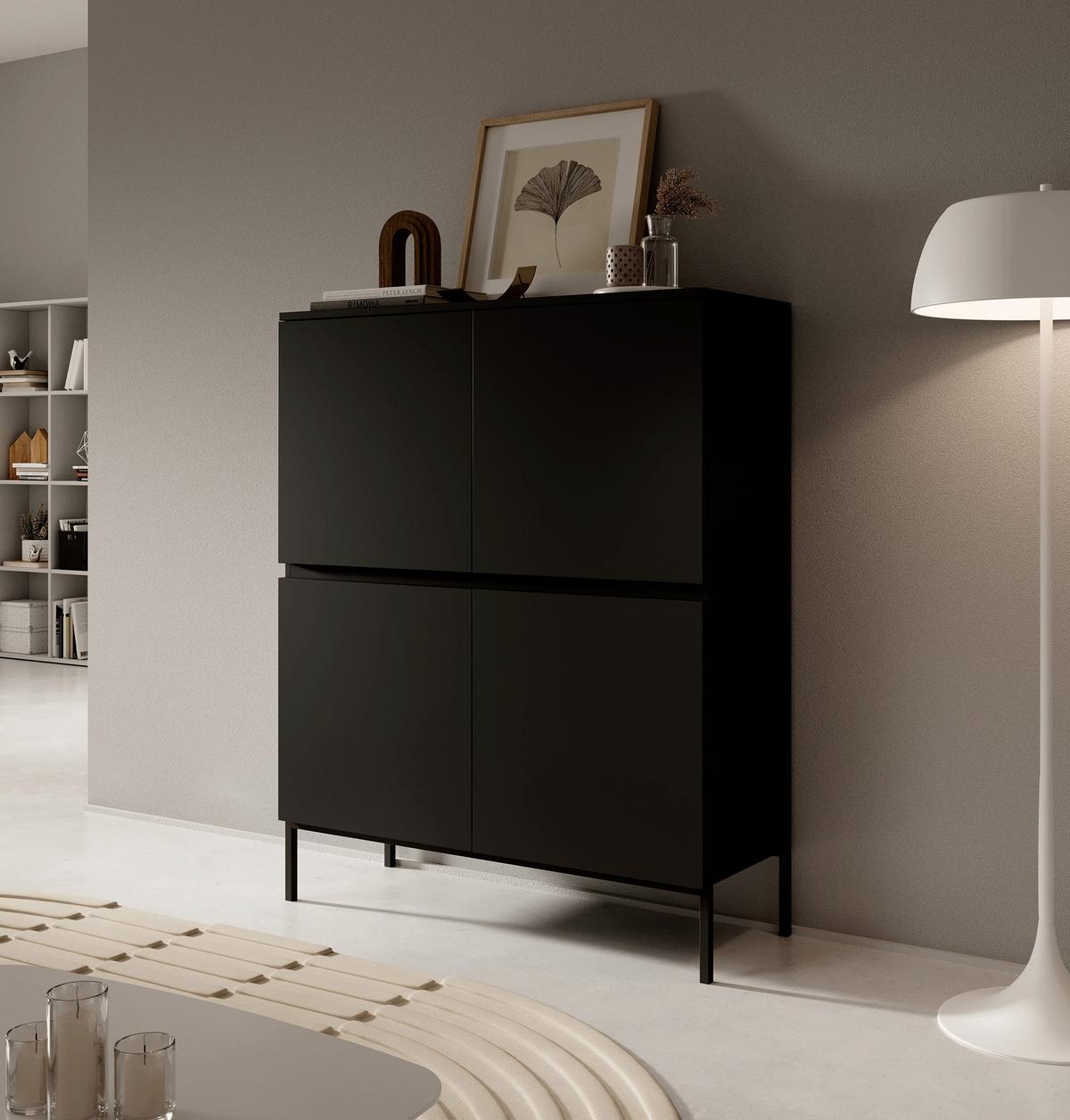 HIGHBOARD Bemmi Schwarz mit schwarzen Beinen 4-türig 100 cm - Schwarz, Holzwerkstoff/Metall (100/122/35cm) - Selsey