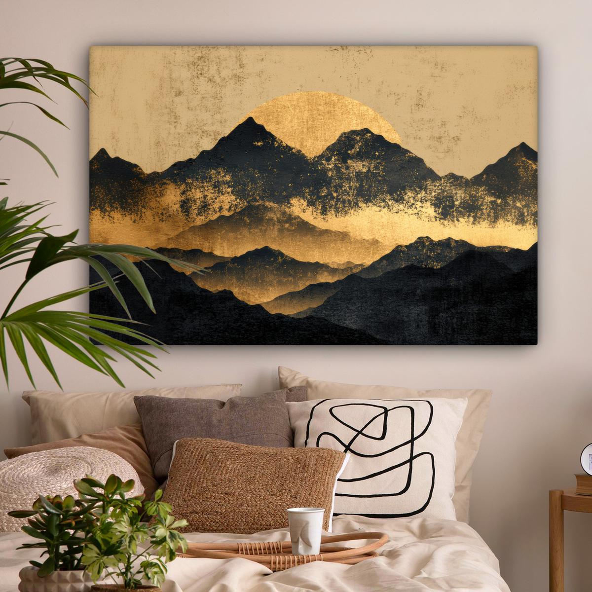 LEINWANDBILD Goldene Berge bei Mondschein Wohnzimmer Groß 120x80 cm - Goldfarben, Textil (120/80cm) - MuchoWow