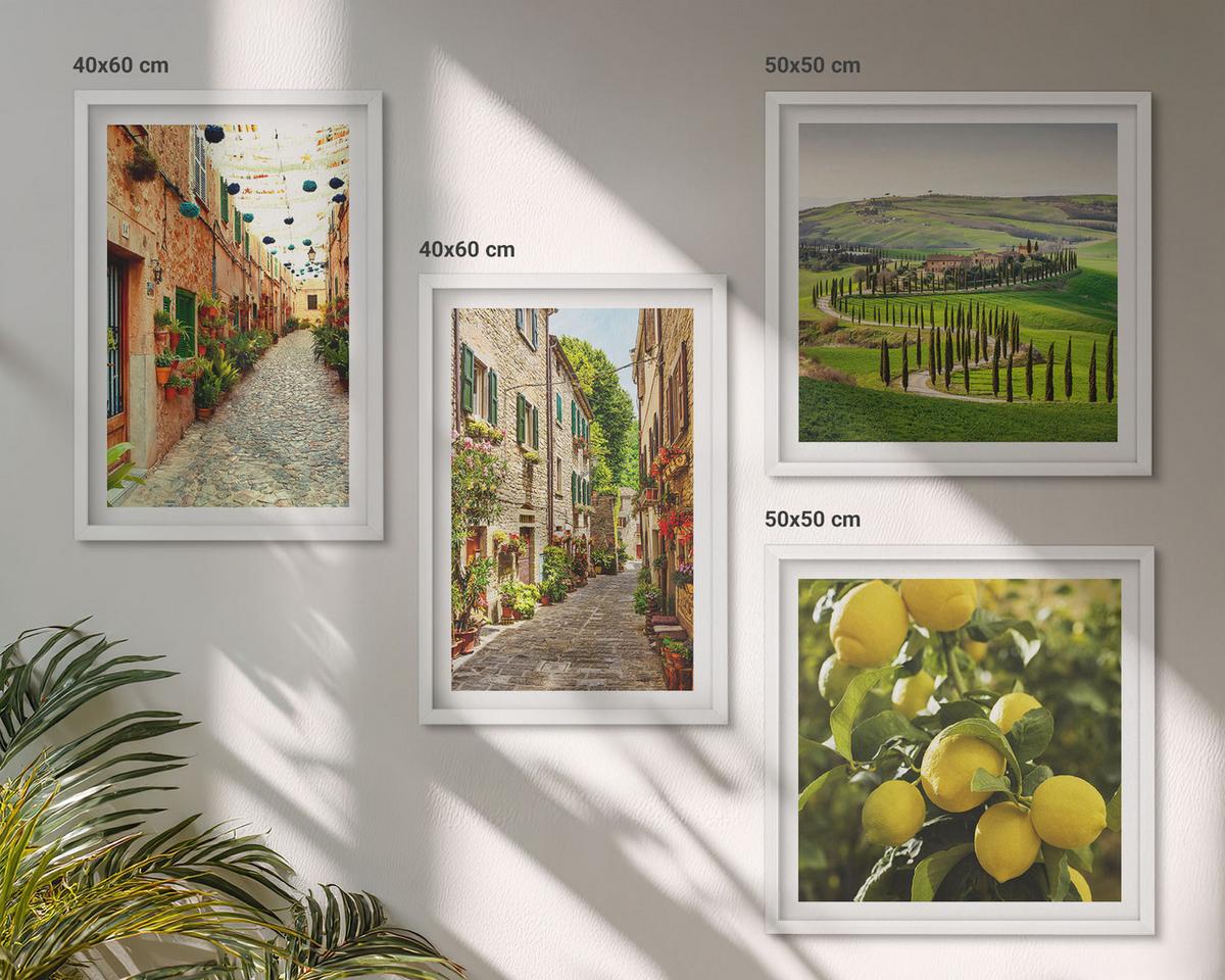 BILDER SET 4er Set - 50x50 cm & 40x60 cm Weißer Rahmen - Bezaubernde Straßen voller Zitronenblüten - Weiß, Kunststoff (50/50cm) - TULUP