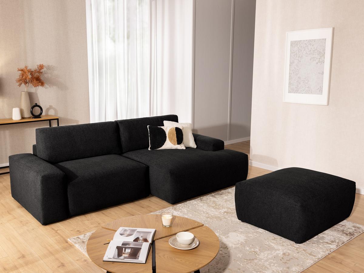 ECKSOFA inkl. Hocker Lennon aus Schwarz Strukturstoff mit Schlaffunktion und Bettkasten - Schwarz, Holz/Kunststoff (264/137cm) - S-Style
