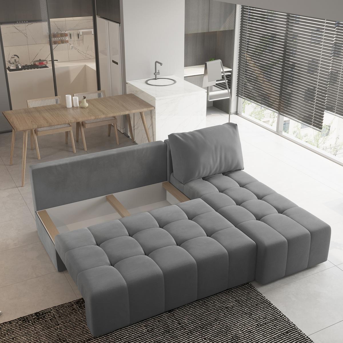 ECKSOFA DOMIRA Grau Plüsch-Stoff mit Schlaffunktion - Grau, Holz (200/141cm) - MASSENO