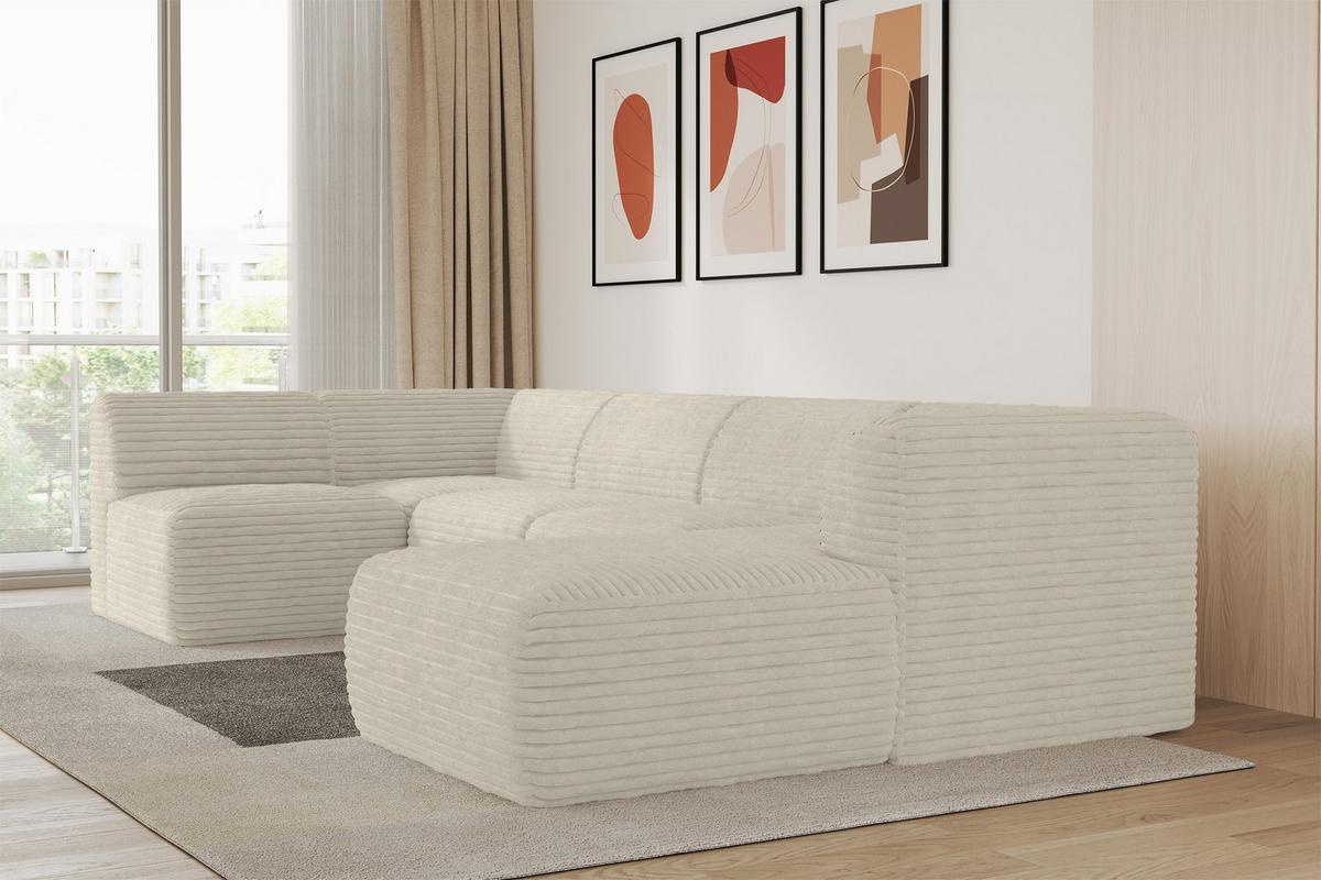 WOHNLANDSCHAFT Ottomane Rechts MOVO-L 345x180x78 cm Creme Cord - Ecru, Holzwerkstoff/Kunststoff (180/78/345cm) - ALTDECOR