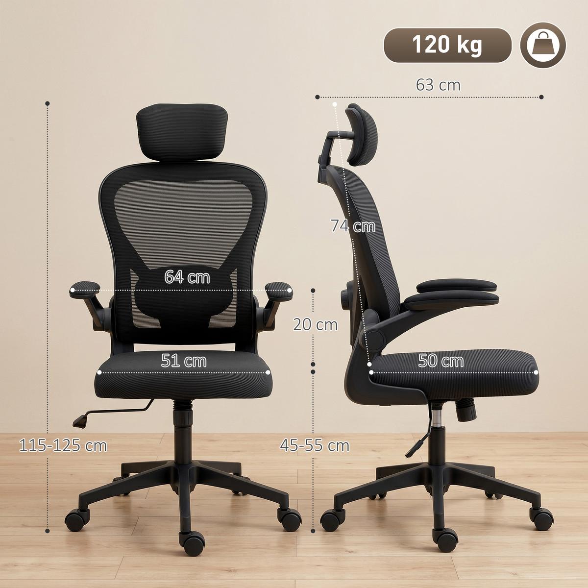 BÜROSTUHL Ergonomischer Schreibtischstuhl mit Hochklappbaren Armlehnen Schwarz - Schwarz, Kunststoff/Textil (63/125/64cm) - HOMCOM
