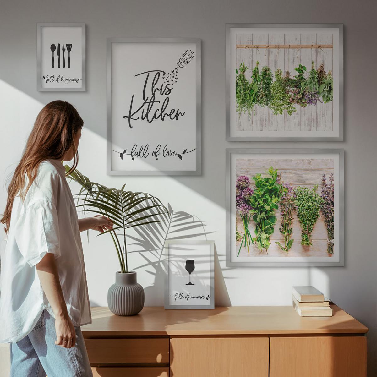 BILDER SET 5er Set - 50x50 cm & 20x30 cm & 40x60 cm Silberner Rahmen - Tisch aus Zitronenbaum - Silberfarben, Kunststoff (40/60cm) - TULUP