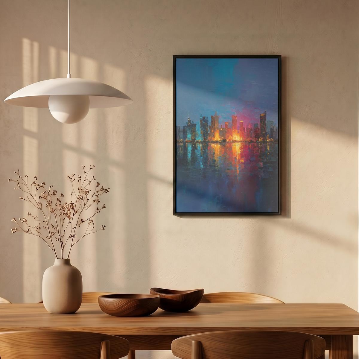 LEINWAND Bilder mit Rahmen - Skyline - Pinselstriche - Dunkelblau - Leuchtend - 40x60 - Blau, Textil (40/60cm) - MuchoWow