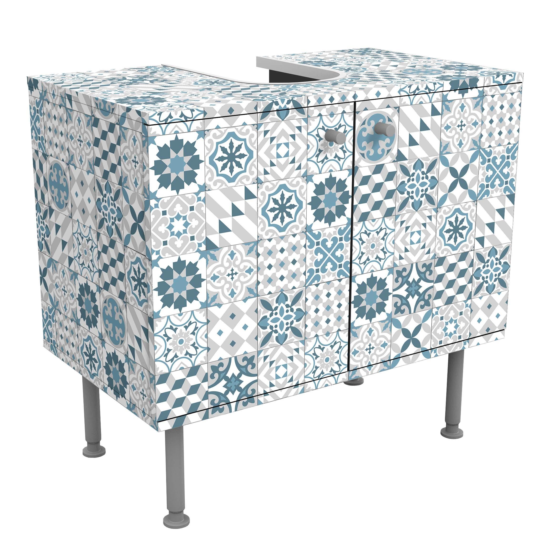 WASCHBECKENUNTERSCHRANK Geometrischer Fliesenmix Blaugrau 60/55/35 cm - Blau, Holzwerkstoff (60/55/35cm) - Bilderwelten