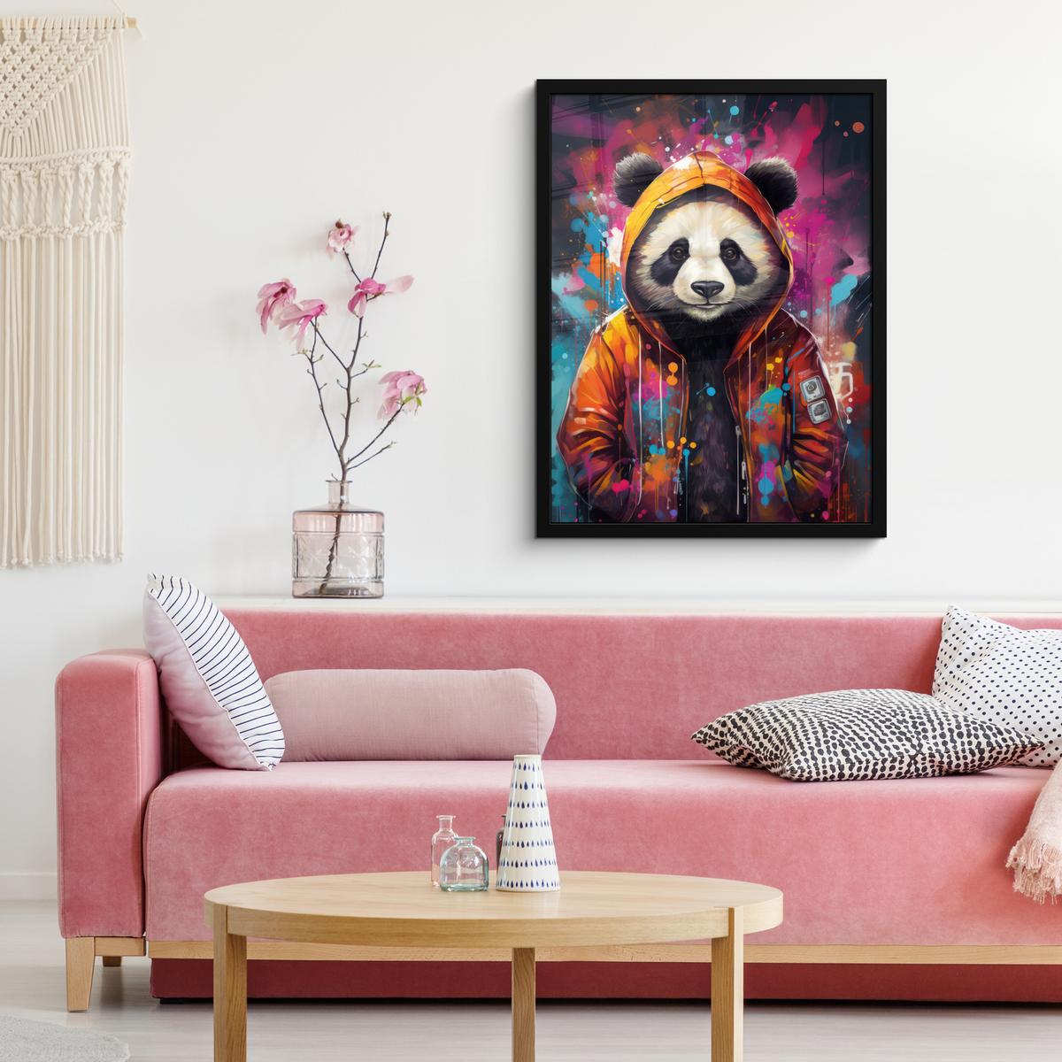 POSTER MIT RAHMEN Panda - Jacke - Graffiti - Orange Posterleiste 60x80 cm - Orange, Papier (60/80cm) - MuchoWow