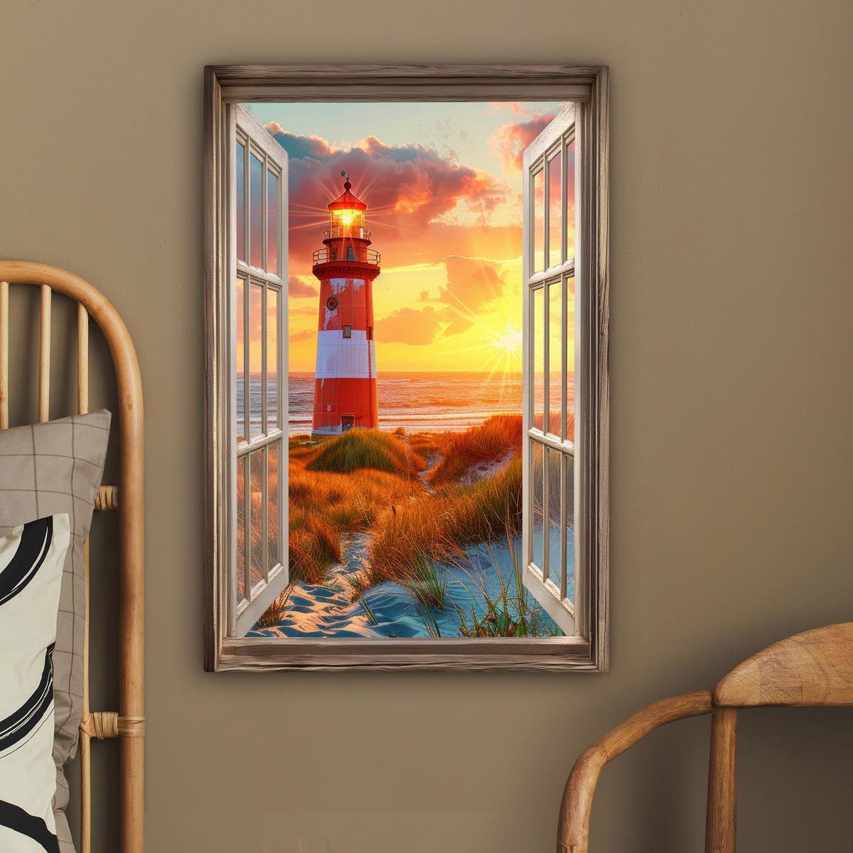 LEINWANDBILD Aussicht - Fenster - Leuchtturm - Sonnenuntergang - Strand Wanddeko 40x60 cm - Dunkelorange, Textil (40/60cm) - MuchoWow
