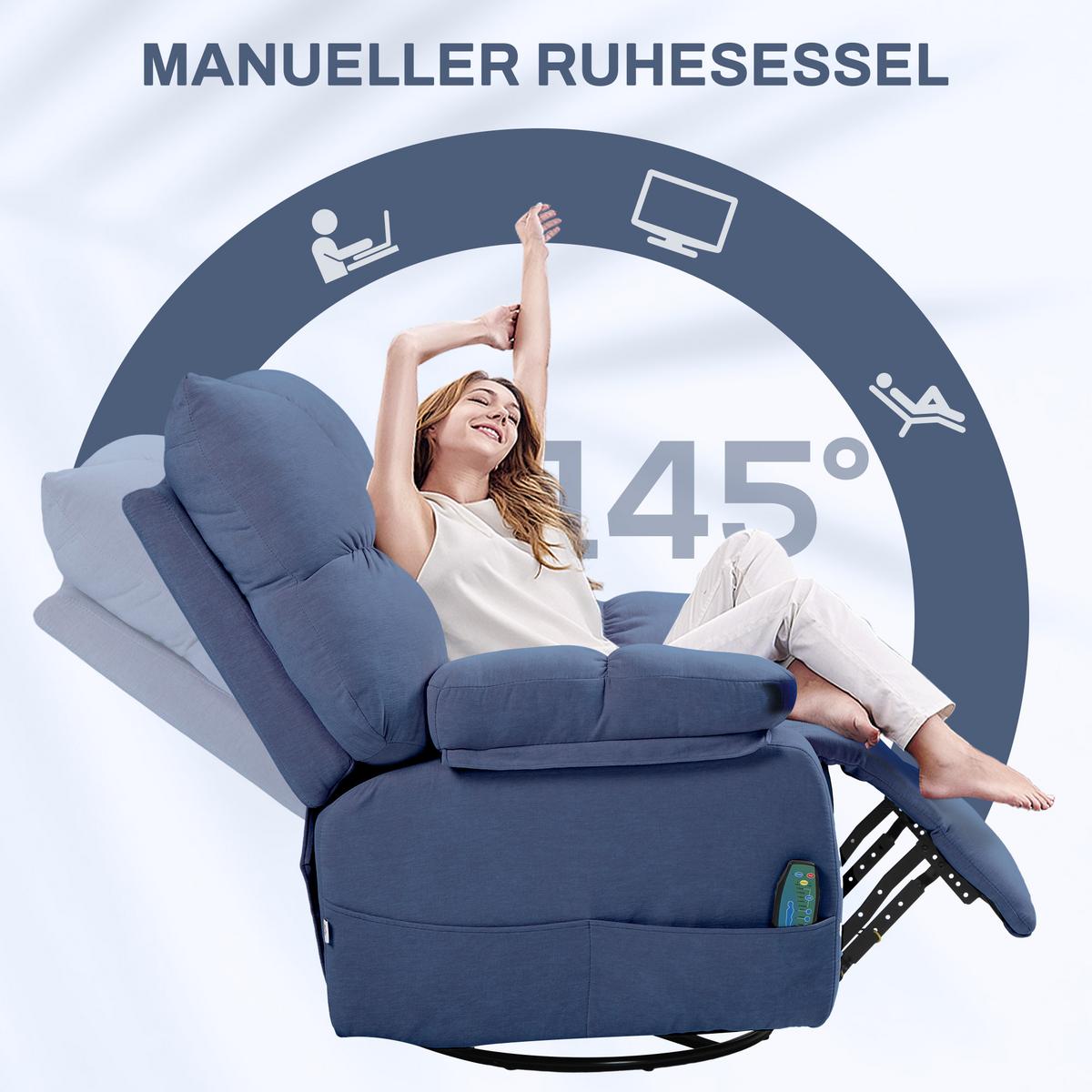 RELAXSESSEL mit Massagefunktion, Elektrisch Fernsehsessel mit Wärmfunktion - Blau/Schwarz, Textil/Metall (90/98/98cm) - HOMCOM