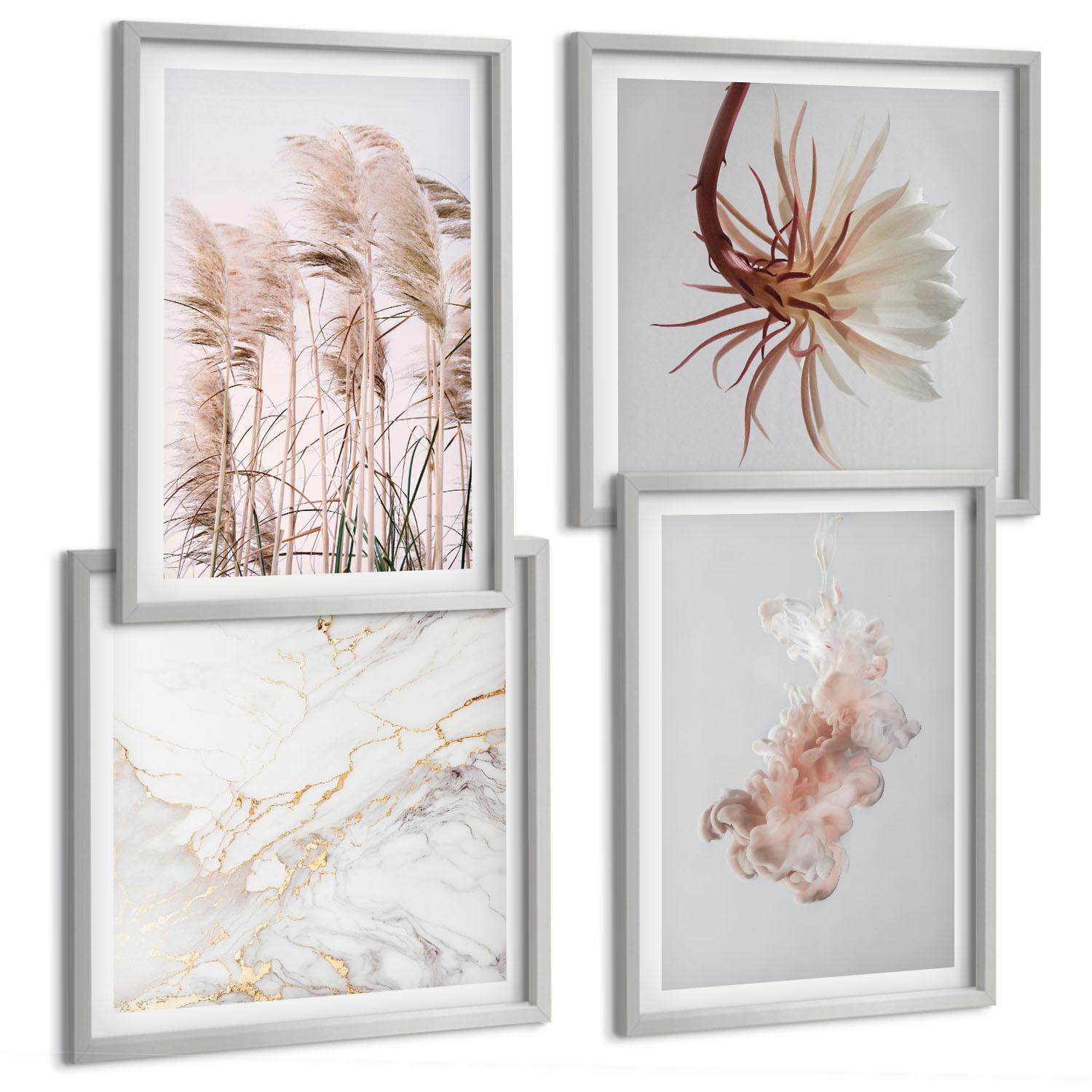 BILDER SET 4er Set - 50x50 cm & 40x60 cm Silberner Rahmen - Elegante Gräser, Blumen, Marmor - Silberfarben, Kunststoff (50/50cm) - TULUP