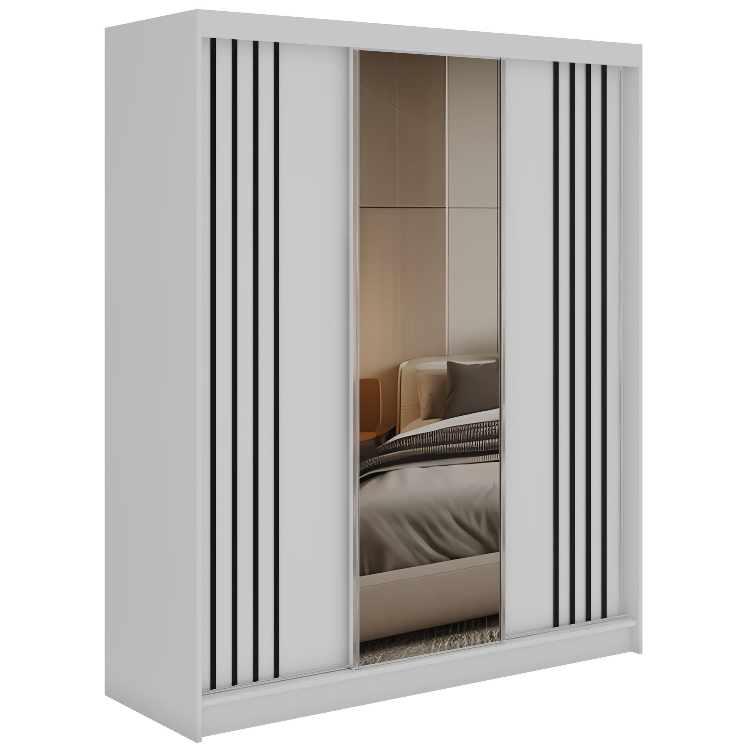 SCHWEBETÜRENSCHRANK mit Lamellen, Spiegel und Schubladen DIANA - 180 - Weiß und Schwarz - Schwarz/Alufarben, Holzwerkstoff/Metall (180/216/61cm) - MKS