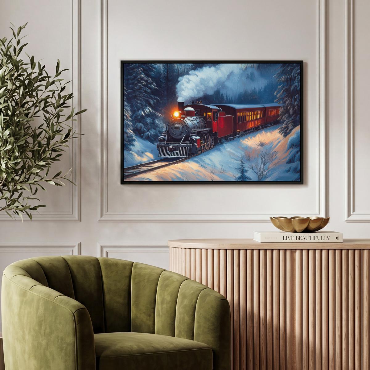 LEINWAND Bilder mit Rahmen - Zug - Weihnachten - Schnee - Weihnachtszug - 60x40 - Anthrazit, Textil (60/40cm) - MuchoWow