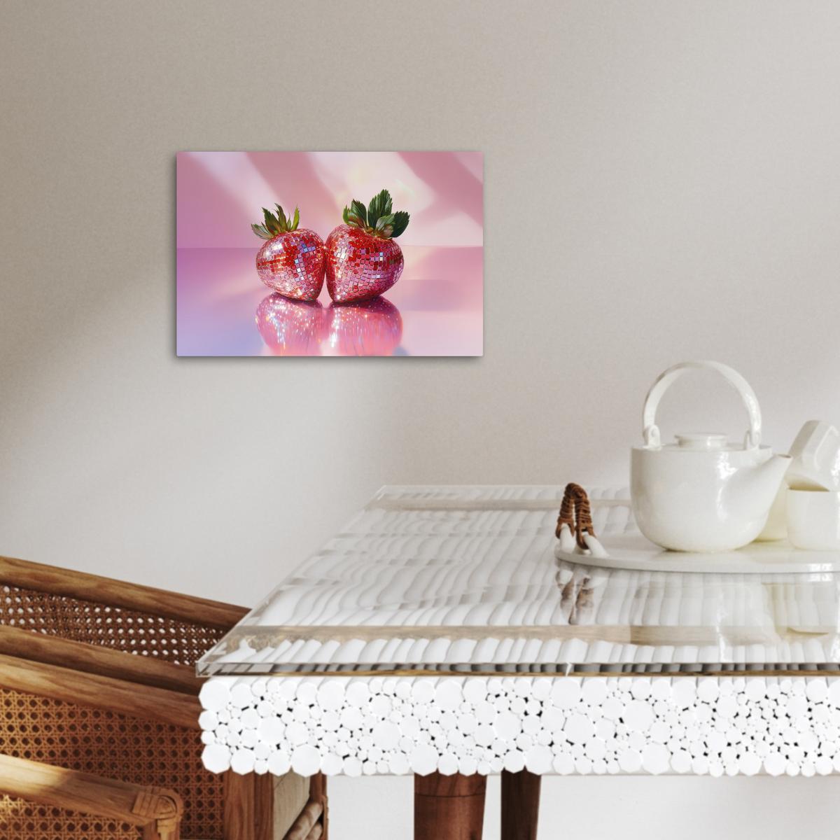 LEINWANDBILD Disco - Obst - Glitzer - Erdbeere Deko Schlafzimmer 30x20 cm - Pink, Textil (30/20cm) - MuchoWow