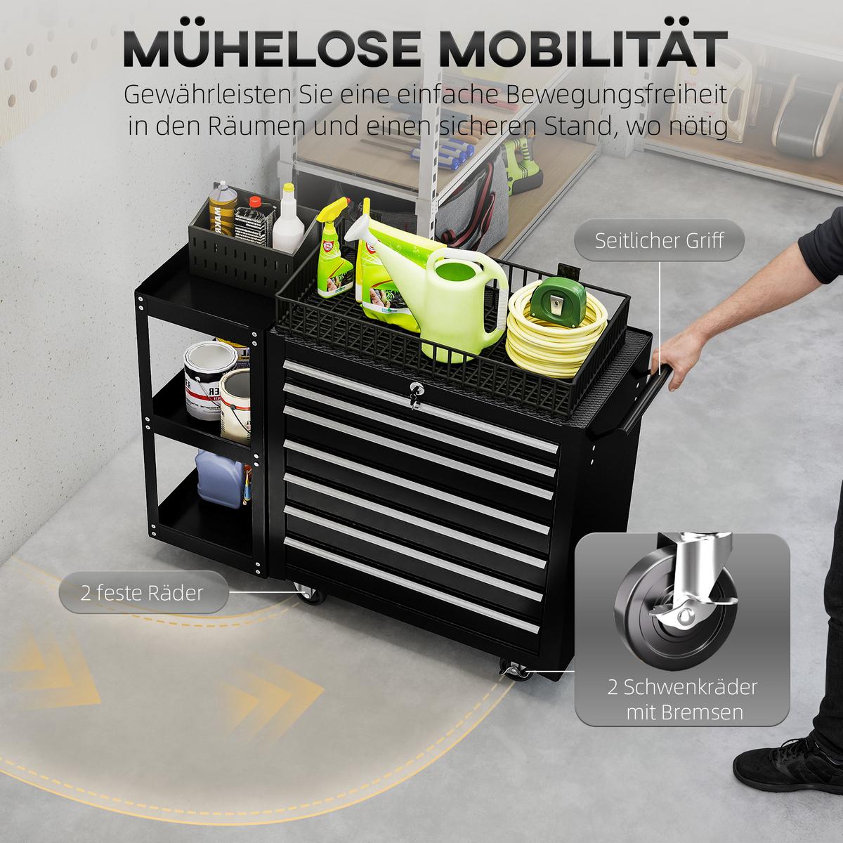 WERKSTATTWAGEN Werkzeugwagen mit 7 Schubladen abnehmbar Seitenregal Rollen - Schwarz, Metall (33.5/75/96cm) - HOMCOM