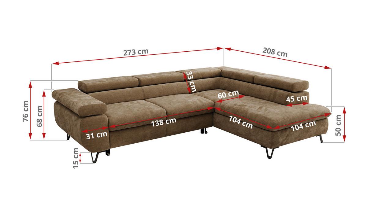 ECKSOFA PABLO L Braun Schenille glatt - Rechts Seite - Schwarz/Braun, Textil/Metall (273/208cm) - MKS