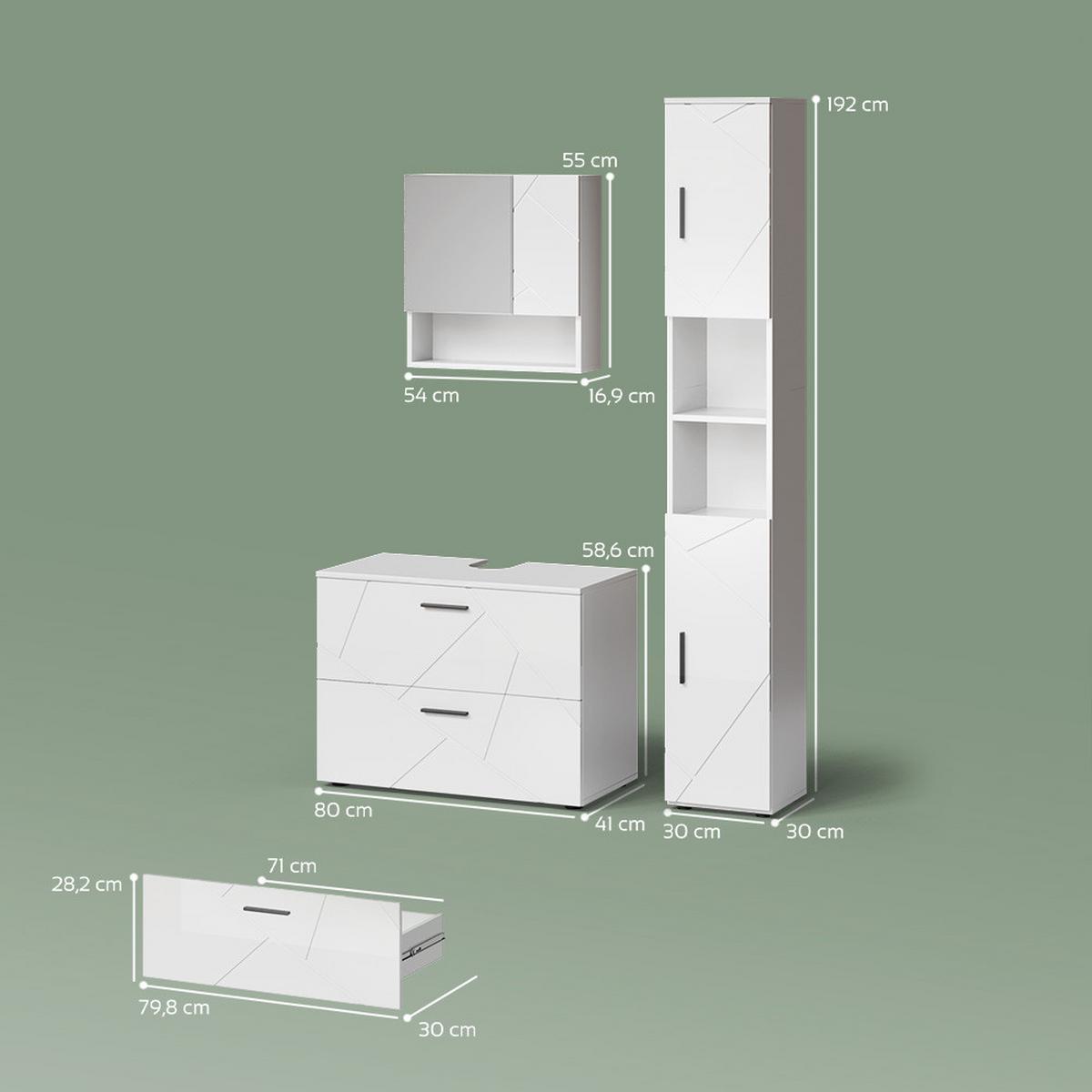 BADMÖBEL-SET Ronco Weiß Hochglanz 3 Teile, mit Schubladenschrank und Hochschrank - Weiß Hochglanz, Holzwerkstoff (80/58/41cm) - Livinity®