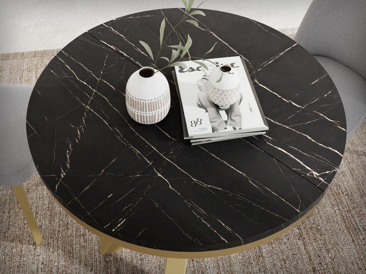 ESSTISCH Clara Gold runder ausziehbarer, Marmor Schwarz 120-200/120/76 cm - Anthrazit/Goldfarben, Holzwerkstoff/Metall (120/196/76cm) - WFL GROUP