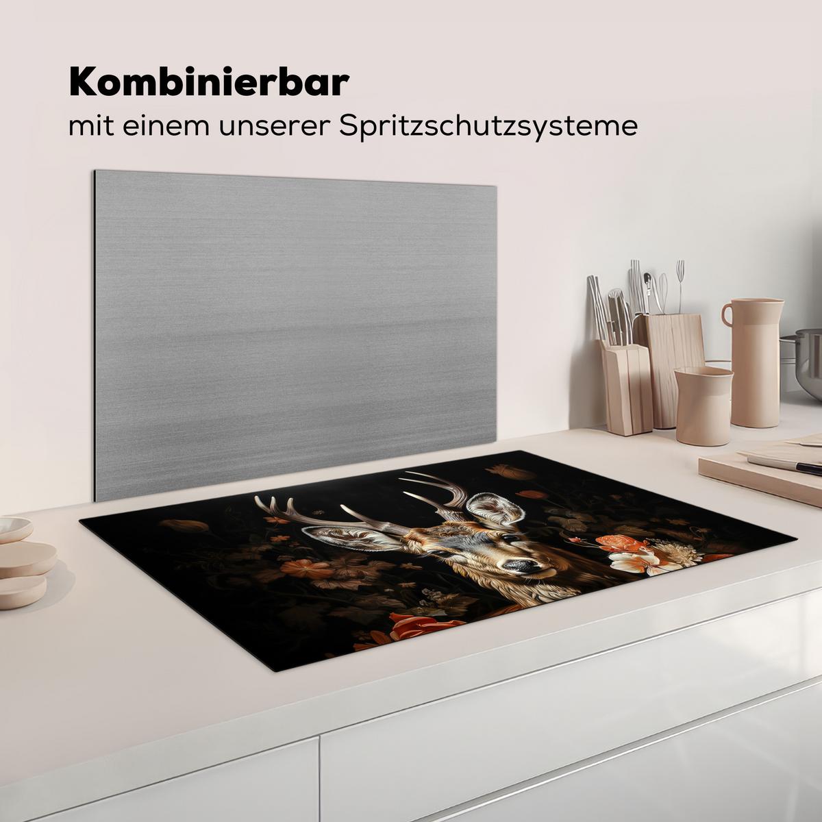 HERDABDECKPLATTE Hirsch - Tier - Blumen - Natur - Botanisch Induktionsmatte 83x51 cm - Kupferfarben, Kunststoff (83/51.5/0.2cm) - MuchoWow