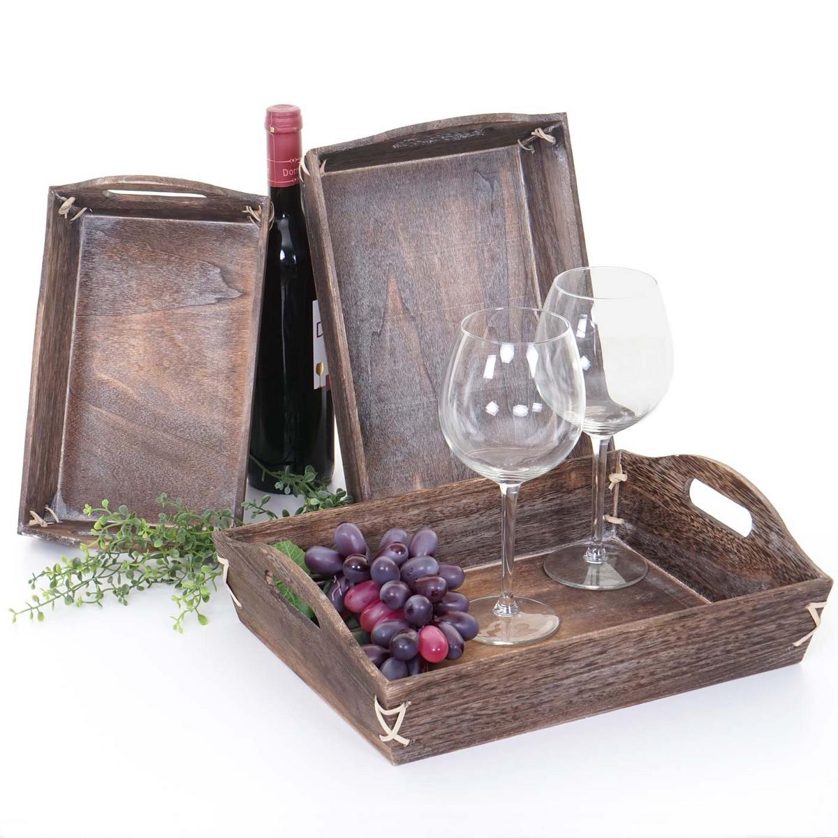 TABLETT SHABBY-LOOK 3ER SET Braun 3x Tablett-Set - Braun, Holz (36/10/27cm) - MCW