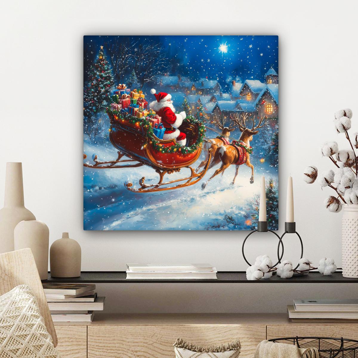 LEINWANDBILD Weihnachtsmann - Rentier - Weihnachten - Schnee Wandbild Wohnzimmer 50x50 cm - Cognac, Textil (50/50cm) - MuchoWow