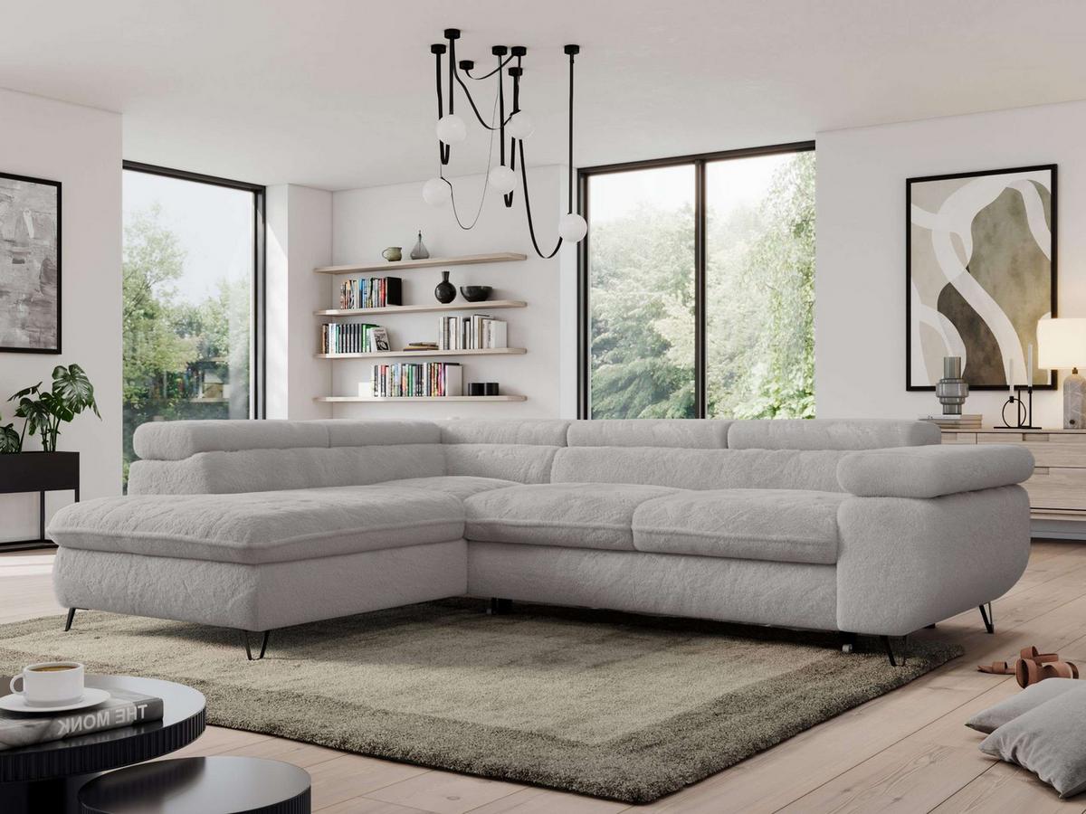ECKSOFA PEDRO L Hellgrau Plüsch - Links Seite - Hellgrau/Schwarz, Textil/Metall (208/273cm) - MKS