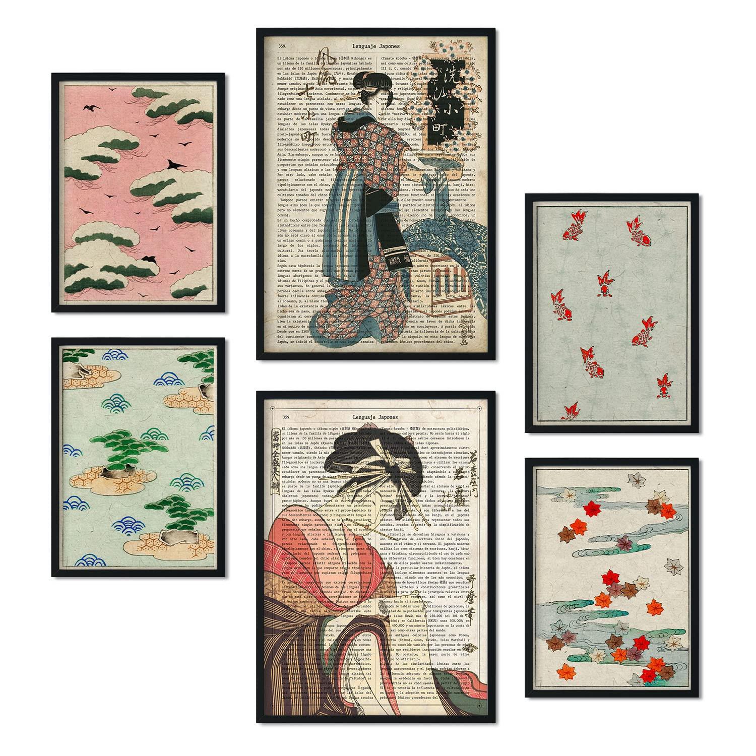 POSTER Set Mit 6 Von Japan Sammlung A3 & A4 Schwarzer Rahmen - Schwarz, Papier (29/3cm) - Nacnic