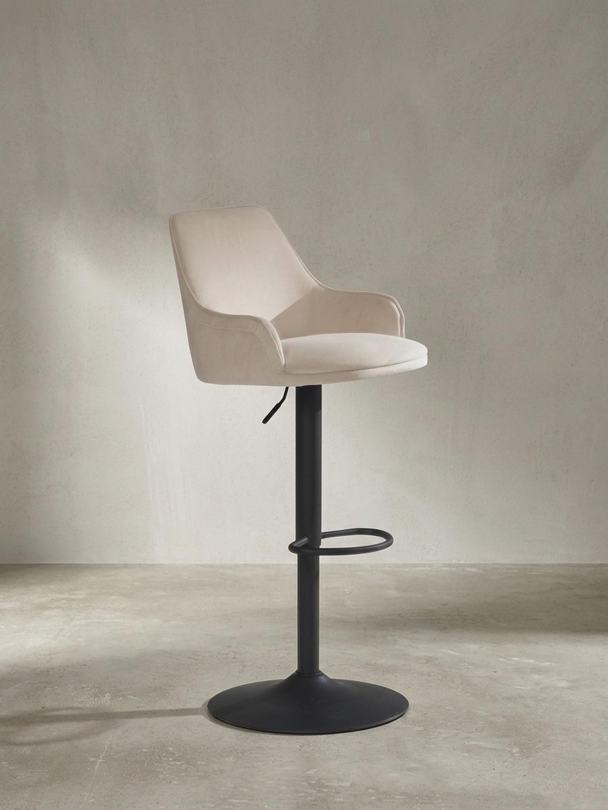 BARHOCKER Samt Lehne Höhenverstellbar Trompetenfuß Armlehne Gepolstert, Beige 45x45x106 cm - Beige/Schwarz, Textil/Metall (45/106/45cm) - KADIMA DESIGN