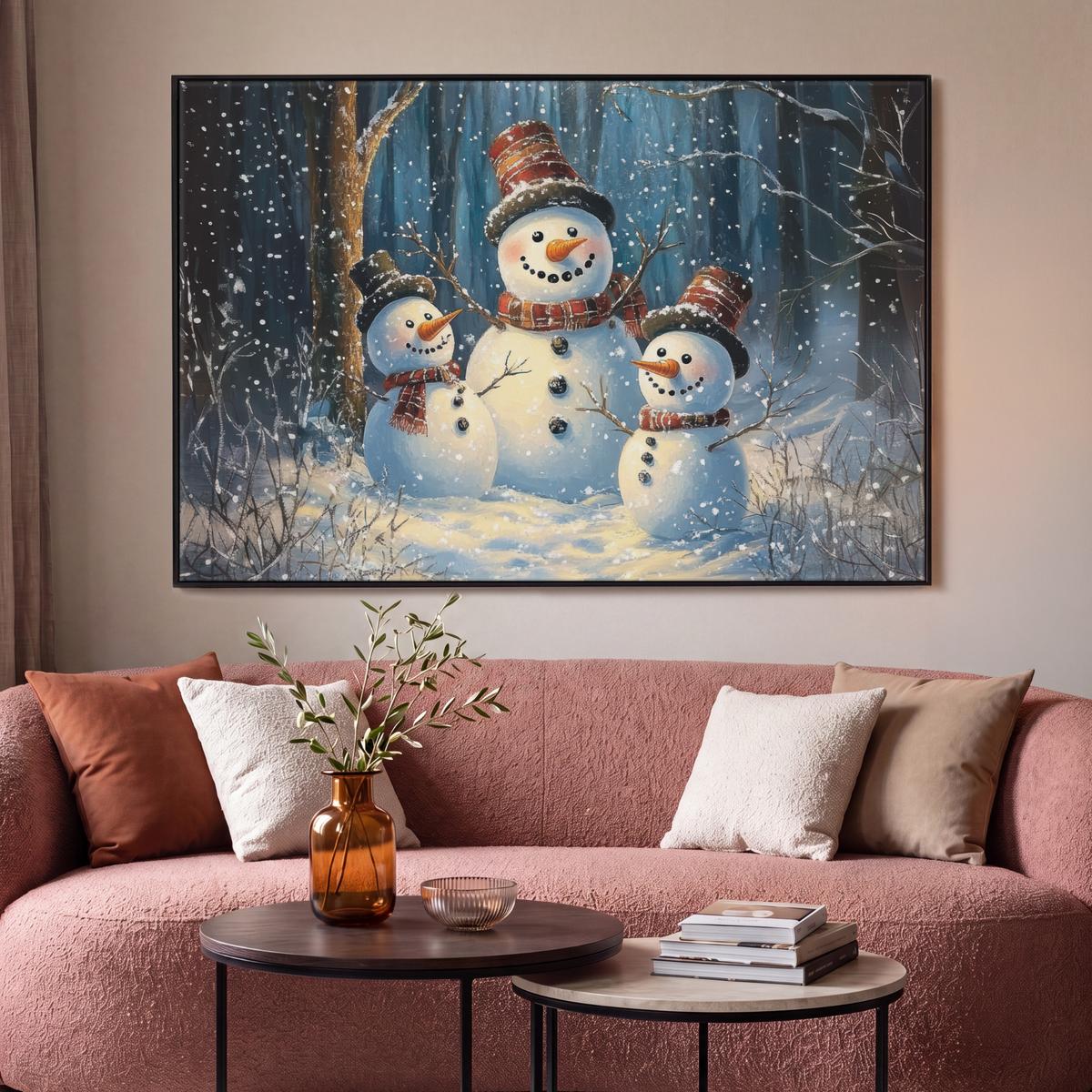 LEINWAND Bilder mit Rahmen - Schneemann - Schnee - Winter - Wald - 150x100 - Hellblau, Textil (150/100cm) - MuchoWow