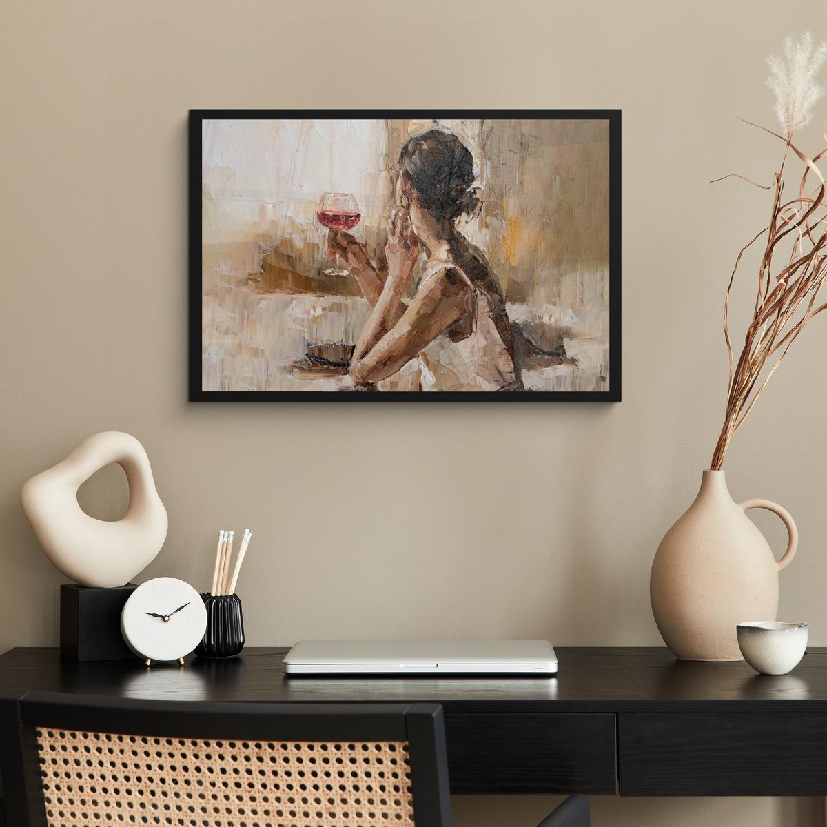 POSTER MIT RAHMENGERAHMTES BILD Ölgemälde - Frau - Wein 60x40 cm - Hellbraun, Papier (60/40cm) - MuchoWow