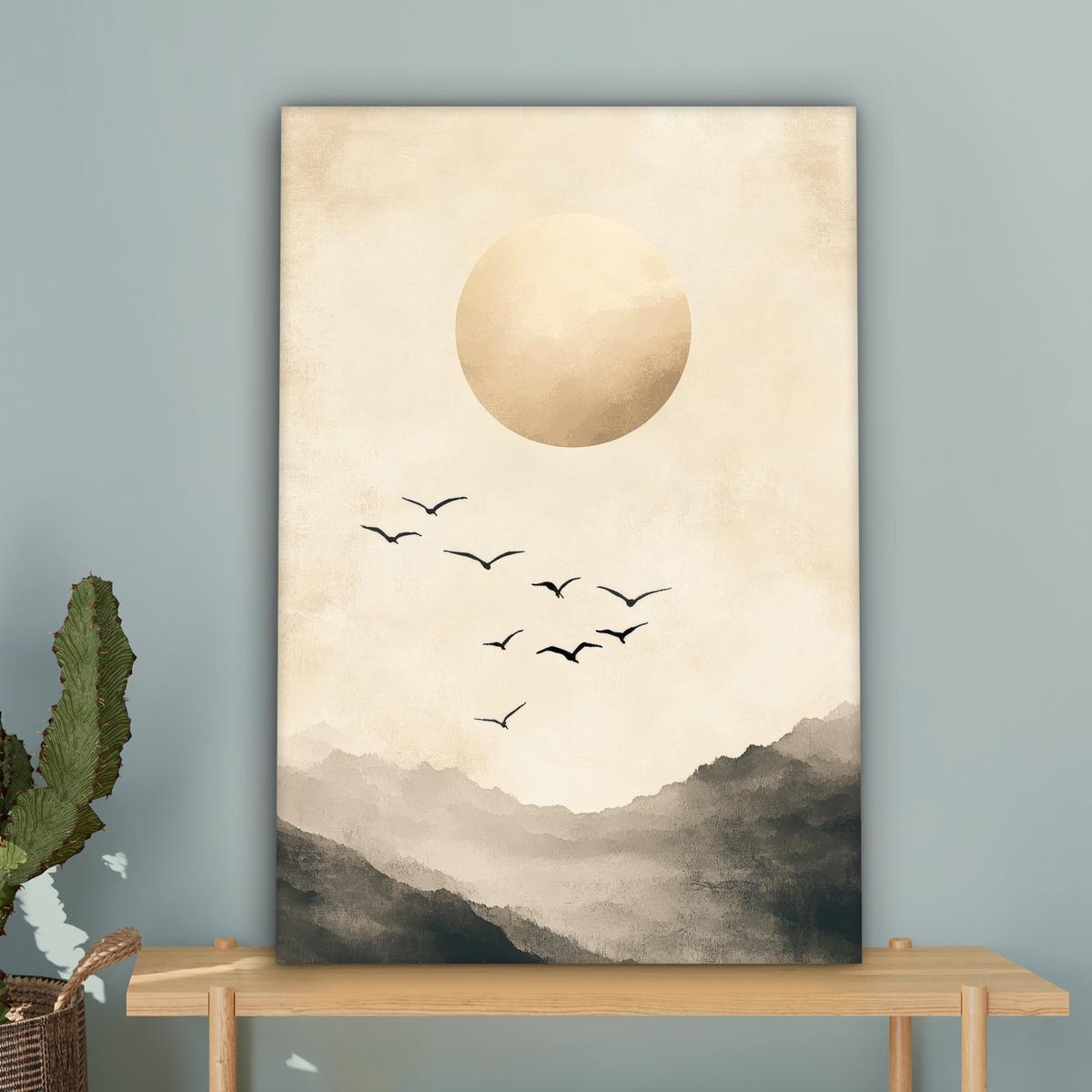 LEINWANDBILD Landschaft - Japandi - Vogel Wanddeko 40x60 cm - Beige, Textil (40/60cm) - MuchoWow