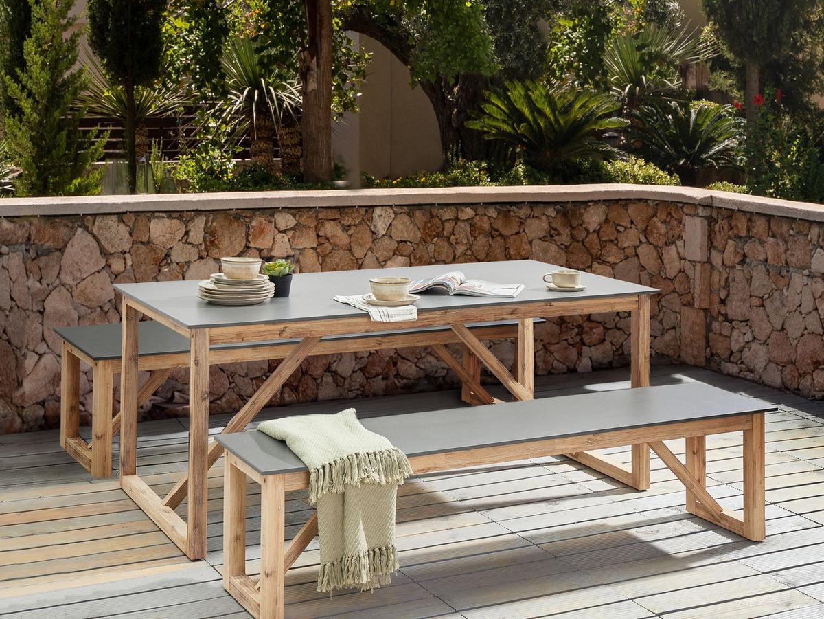 GARTENMÖBEL-SET mit Bänken Grau Beton Notteri - Hellbraun, Stein - Beliani