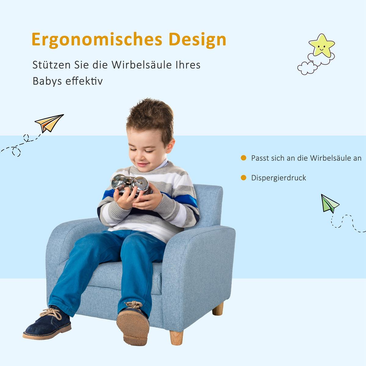 KINDERSOFA Kindersessel mit dickem Schaumstoff Sitzkissen Leinen Blau - Blau, Holz (45/44.5/49cm) - HOMCOM