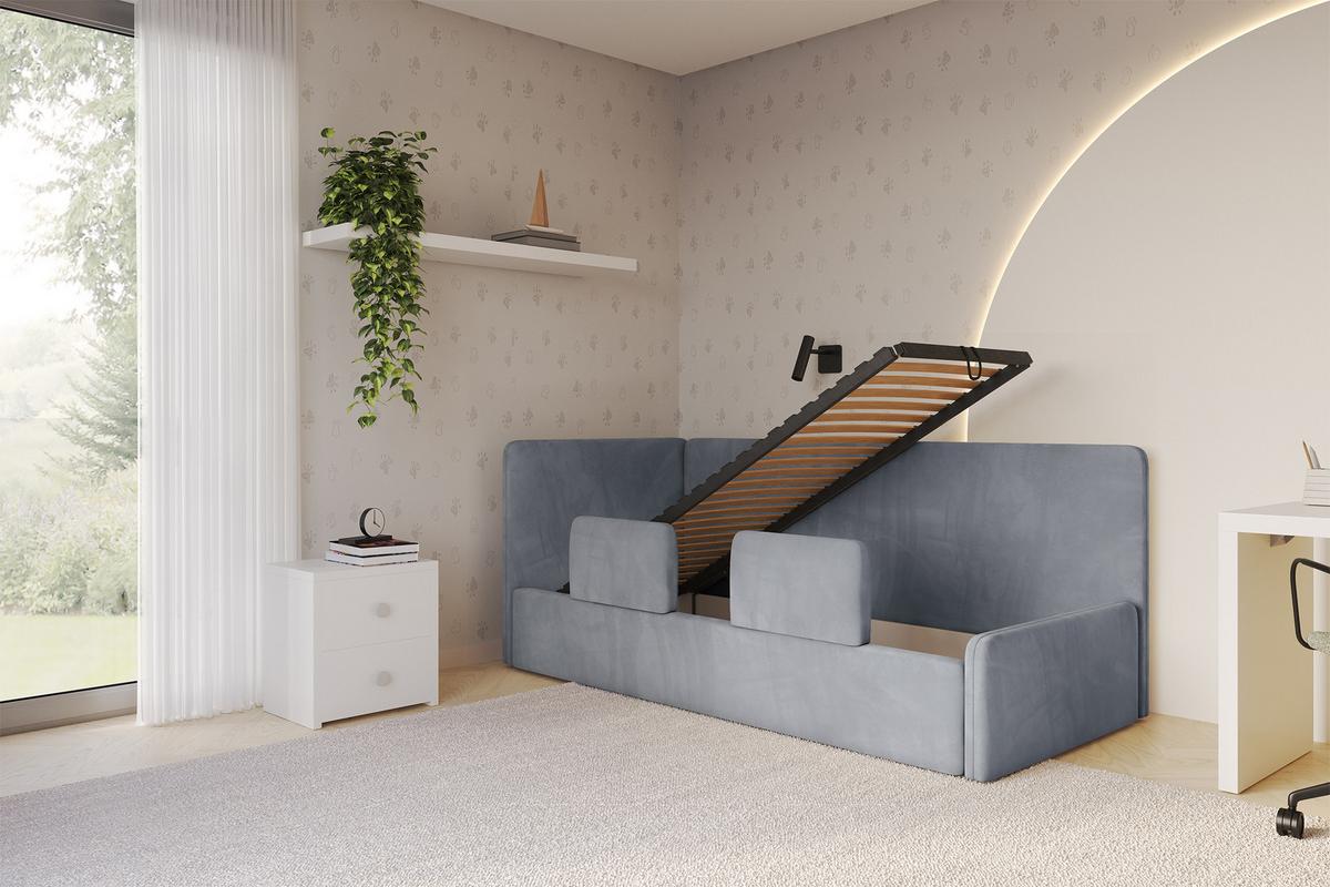 EINZELLBETT Jugendbett mit Bettkasten, Rechts - NORY 100x200 Grau - Blaugrau, Holzwerkstoff/Textil (100/200cm) - ALTDECOR