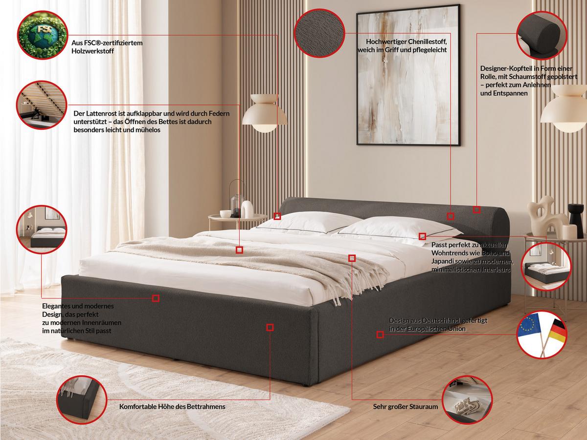 POLSTERBETT 200/200 cm Josy im Designer-Look mit Bettkasten und Lattenrost aus Anthrazit Chenille-Stoff - Anthrazit/Schwarz, Holz/Kunststoff (200/200cm) - S-Style Möbel